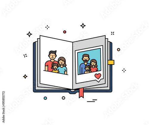 Family photo album memory with a small picture of a family group inside an open album page while a tiny heart icon decorates the corner. Nostalgic scene