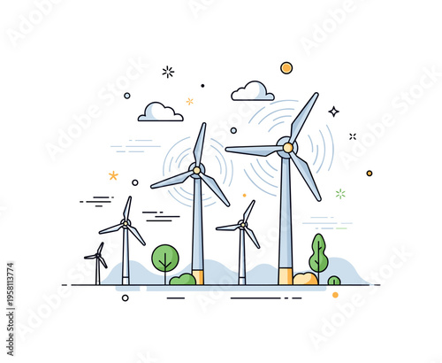 Wind turbine field tall simplified turbines rotating gently under a clear sky with subtle motion lines, expressing steady and reliable renewable electricity. A