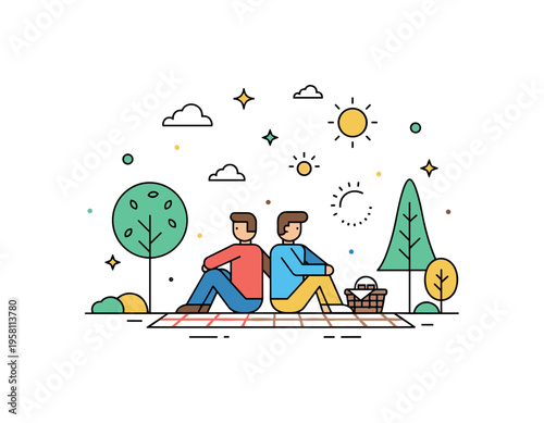 Couple picnic in nature two people sitting on a simple picnic blanket with a small basket while trees and sun icons create a cheerful outdoor atmosphere. The
