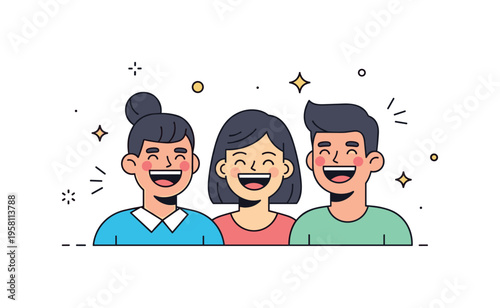 Friends laughing together two cheerful characters sharing a joyful moment with wide smiles and lighthearted body language, small laughter lines and star