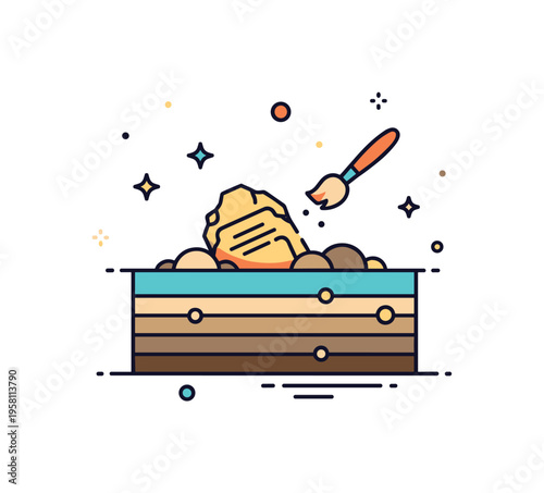 Archaeological excavation scene featuring a small ancient artifact emerging from stylized soil layers with a tiny brush icon nearby to symbolize discovery and