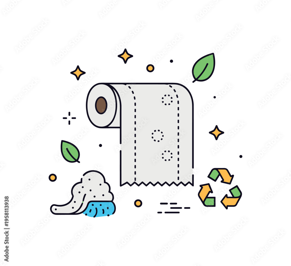 Naklejka premium Paper towel sustainability concept focused on a reusable cloth replacing a disposable roll, with small leaf and recycle icons subtly reinforcing eco-friendly