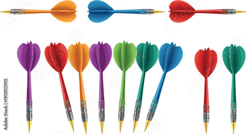 Colorful Dart Arrow Set with Different Flight Styles and Metal Tips Isolated on White Background for Game Sports Target Practice and Recreation Design
