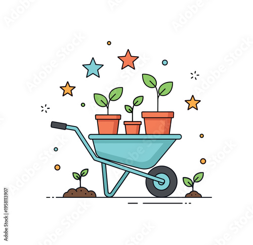Wheelbarrow transporting plants garden wheelbarrow carrying young seedlings and small pots ready for planting in the soil. Decorative star icons suggest growth