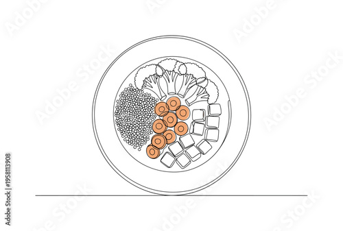 Vegan Lunch Meal. Minimalistic one-line drawing plate with quinoa, vegetables, and tofu cubes arranged neatly, continuous single black line on white
