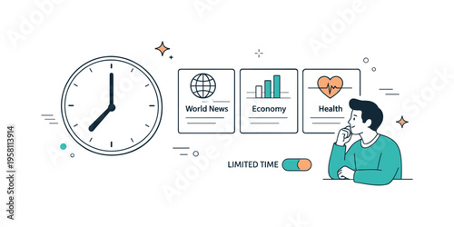 Intentional news consumption. A clock icon, curated news cards, and a toggle switch indicating limited time and choice. The mood is thoughtful, structured, and