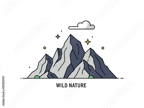 Rocky mountain range icon with bold angular shapes and a subtle cloud drifting above. Tiny sparkle accents and a concise ?Wild Nature? text detail reinforce