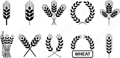 Wheat ear icon collection, grain spike agriculture symbols, cereal crop harvest elements, organic farming logos, farm food vector silhouettes