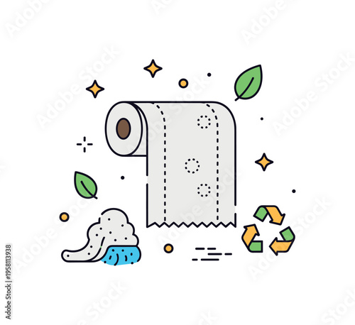 Paper towel sustainability concept focused on a reusable cloth replacing a disposable roll, with small leaf and recycle icons subtly reinforcing eco-friendly