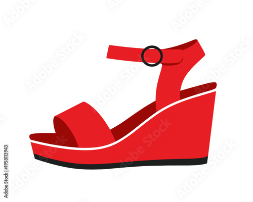 Bright red wedge sandal with ankle strap in flat fashion style. Stylish footwear vector for summer shopping banners, boutique branding and ecommerce product graphics.