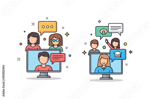 Audience behavior studies monitoring online webinar participants with speech bubbles and reactions popping up, showing engagement in virtual learning