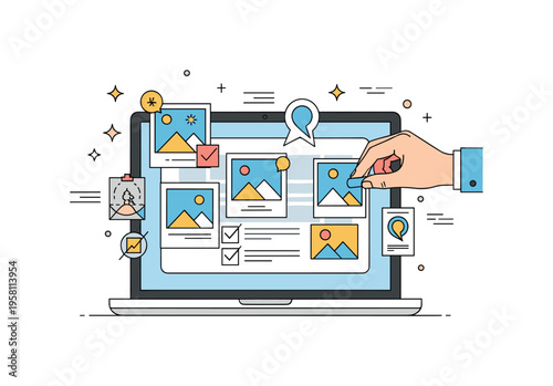 Digital vision board concept a laptop screen displaying a collage of inspiring photos, checkmarks and dream icons while a hand adds a new image representing