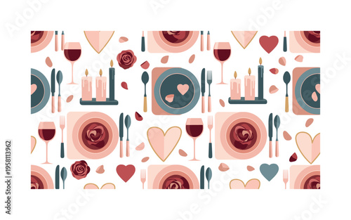 romantic candlelight dinner with plates, wine glasses, roses and heart decorations in decorative arrangement, seamless pattern, repeating pattern, surface