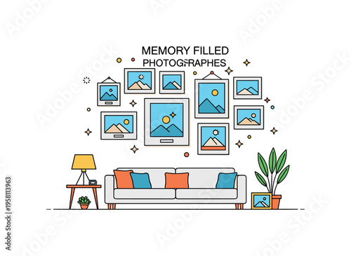 Memory filled home wall framed photos arranged in a balanced composition while tiny sparkles highlight treasured moments. Concept illustrating how personal