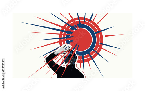 black and white person covering their face from strong sun rays, cut-out collage edges with white outline, radiating circular halos and angular lines