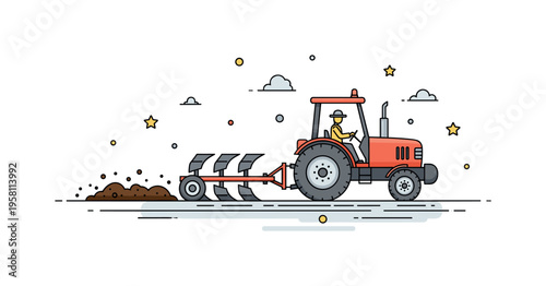 Modern farming with tractors agricultural worker operating a tractor with attached plow moving through a field preparing soil for planting. The scene captures