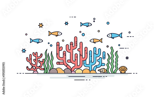 Coral reef ecosystem colorful coral branches surrounded by small tropical fish, seaweed, and a tiny shell forming a lively underwater micro world full of