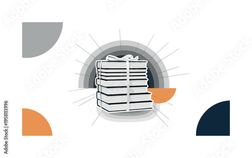 realistic monochrome novels tied with ribbon forming neat pile, white outline cut-out effect around the books, layered semicircles and thin lines representing