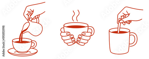 Minimal line art set with hand pouring coffee, hands warming a hot cup and stirring a mug. Cozy drink collection for cafe menu, morning routine and beverage design.