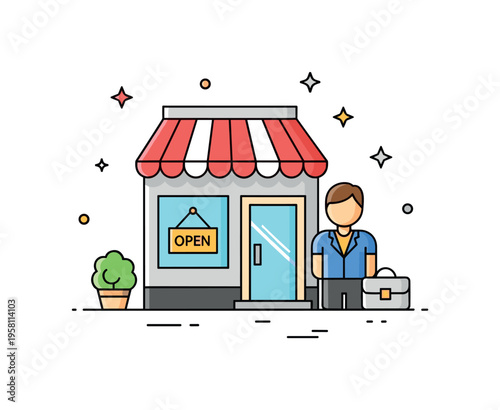 Small business ownership scene centered on a storefront with a subtle Open sign and a proud owner figure standing beside it, symbolizing independence and