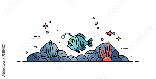 Deep ocean ecosystem mysterious underwater environment with a stylized anglerfish glowing softly among rocks and drifting particles. The composition captures