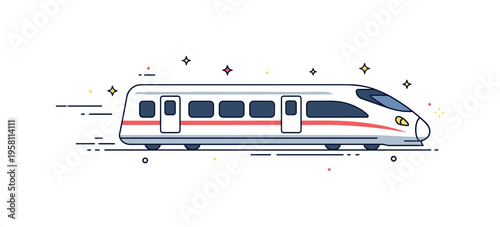 Modern train travel concept showing a sleek high speed train gliding along rails while tiny star accents suggest rapid movement. Contemporary transportation