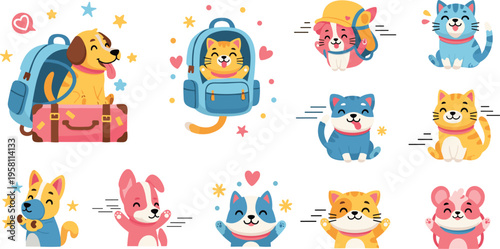 Cute pet travel and emotions set with dogs and cats, backpacks, luggage and funny expressions, adorable cartoon animal vector illustration collection