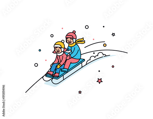 Snowy hill sledding adventure children laughing as they slide down a curved snowy hill on a sled while light snow falls around them. The illustration reflects