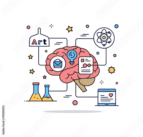 Cognitive science of creativity centered on a brain silhouette interacting with symbols of art, science, and technology connected by neural lines.