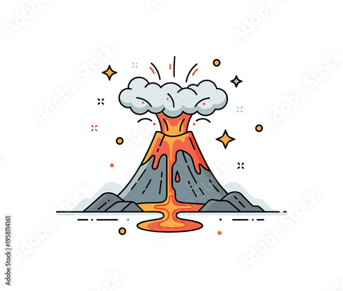 Volcanic eruption cone shaped volcano releasing lava flow and smoke cloud accents above. A striking badge style illustration about geological activity and