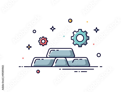 Metal production industry represented by a compact scene with a metal ingot block and small gear symbols nearby. The composition suggests manufacturing,