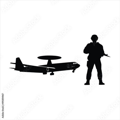 Military soldier and AWACS surveillance aircraft silhouette on white background.