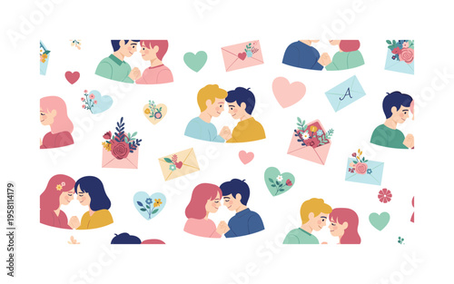 first love sweet romantic symbols with hearts, flowers, letters and shy couples arranged in gentle composition, seamless pattern, repeating pattern, surface