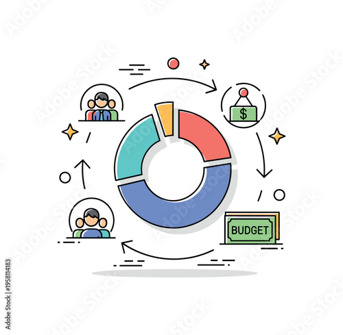 Resource allocation process built around a central pie chart divided into clear segments, with small team and budget icons reinforcing balance and