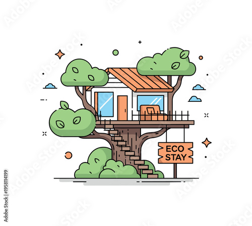 Eco luxury treehouse retreat elevated among soft leafy branches with a cozy modern cabin and a small sign reading ?Eco Stay?. The visual suggests peaceful