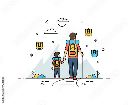 Hiking trail bonding father and son walking together with small backpack icons and a subtle mountain silhouette behind. A calm and inspiring