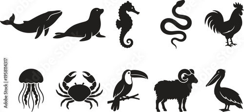 A collection of black silhouettes of various animals on a white background