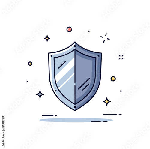 Metal durability symbolized by a simple steel shield with a reflective surface and small spark details around it. The scene conveys protection, resilience and