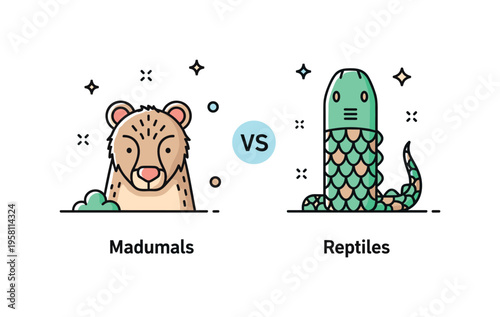 Fur and scales contrast a soft furry mammal icon paired with a reptile covered in scales, small texture symbols emphasizing the fundamental skin differences