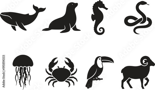 A collection of black silhouettes featuring various animals including a whale, seal, seahorse, snake, jellyfish, crab, toucan, and ram.