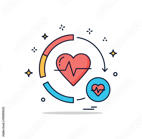 Smart health analytics badge presenting a circular data chart combined with a heart icon in the center, expressing holistic wellness overview. The cohesive