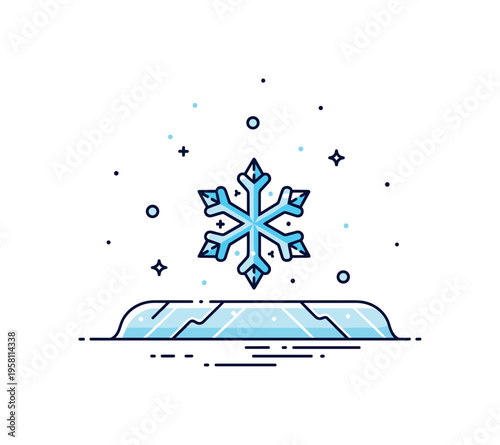 Ice element crystal snowflake rising above a small frozen surface with delicate frost lines and tiny snow particles around it. The scene communicates cold