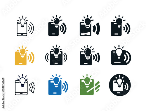 Controlling lights with phone. Icon set. Set Logo of Controlling lights with phone: smartphone with light waves. harmonious logo variations of the same