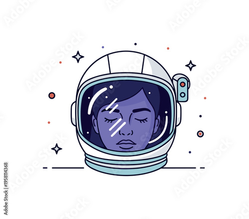 Astronaut reflection and self discovery illustrated by a helmet visor showing a mirrored human face and tiny stars scattered around, suggesting introspection