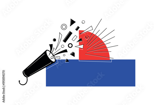 Black and white confetti cannon angled upward releasing abstract geometric shapes, bright red semicircle behind as explosive accent, thin radiating lines