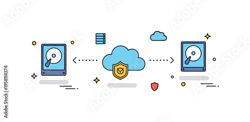 Data backup process with hard drives and cloud icons connected by dotted lines, highlighting safe storage and risk-free protection of digital assets.