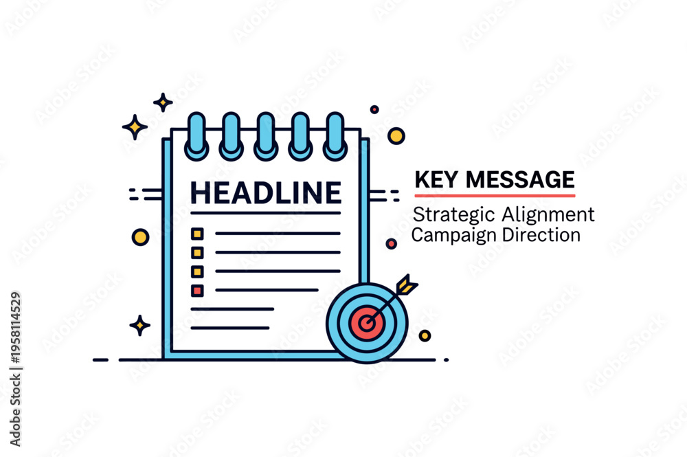 Fototapeta premium Brand messaging outline scene highlighting a notepad with headline and bullet point lines, paired with a small target icon symbolizing audience focus. A