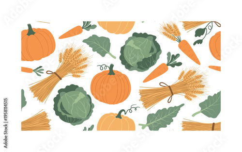 farm biodiversity produce with pumpkins, cabbages, carrots and grain bundles arranged dynamically, seamless pattern, repeating pattern, surface design, textile