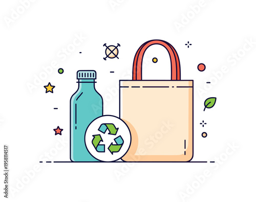 Zero waste lifestyle reusable bottle and tote bag arranged beside a small recycling symbol forming a balanced eco badge. A positive editorial micro scene about