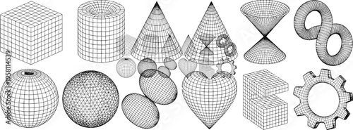Wireframe geometric shapes collection, 3D grid objects set including cube sphere cone torus gear abstract mathematical geometry vector illustration